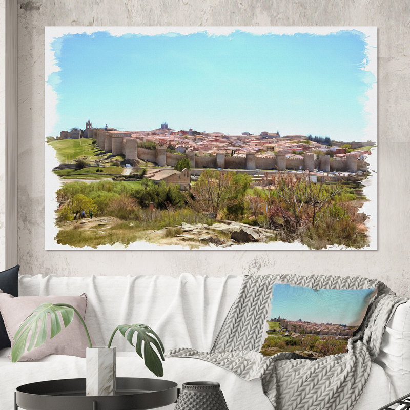 Vue sur les remparts de la ville médiévale - reproduction sur toile, Toile tendue, H 40 po x l 60 po x P 1,5 po