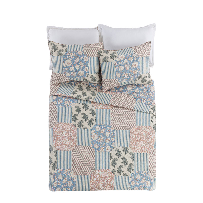 Blue Standard Cotton Reversible 3 Piece Quilt, Full/Queen Quilt + 2 Standard Shams