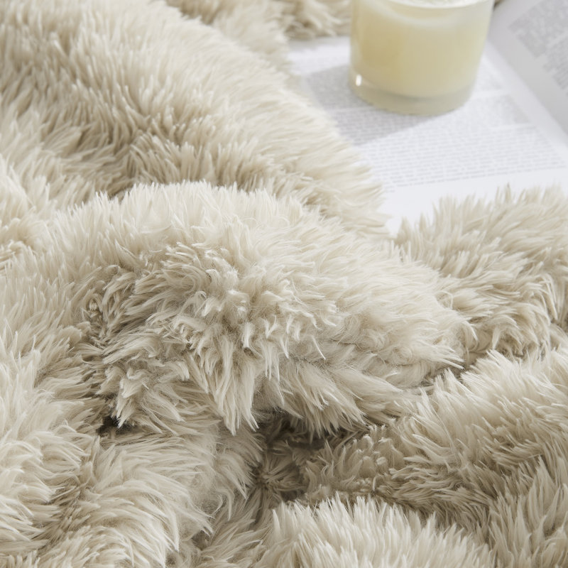 Ensemble d'édredon en fausse fourrure Coma, Édredon pour grand lit + 2 taies décoratives sta, Beige