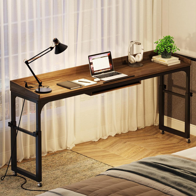 Norocel Adjustable Height Writing Desk with Built-In Electrical Outlet, Brown