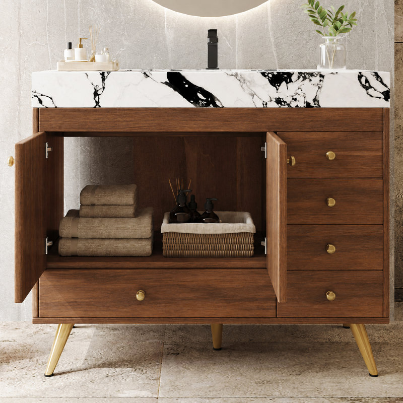 Meuble-lavabo autoportant moderne 36 po avec 1 armoire et 5 tiroirs, comptoir en pierre frittée, lavabo en céramique et pieds en acier inoxydable