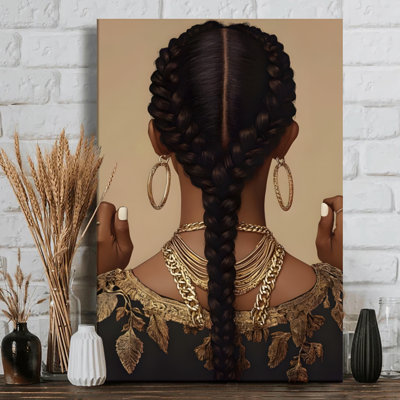 Femme noire avec des cheveux tressés et des bijoux en or sur toile - style Art déco. Peinture moderne, galerie profonde de 1 po, 24 po x 36 po