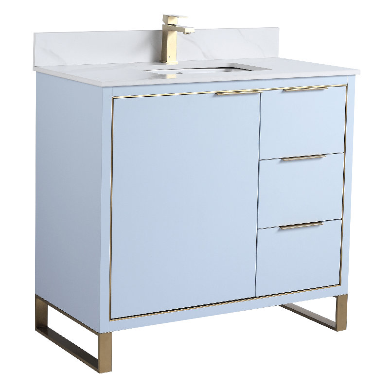 Gesel 36'' Single Bathroom Vanity with Stone Top, Chrome, Pastel Blue, White