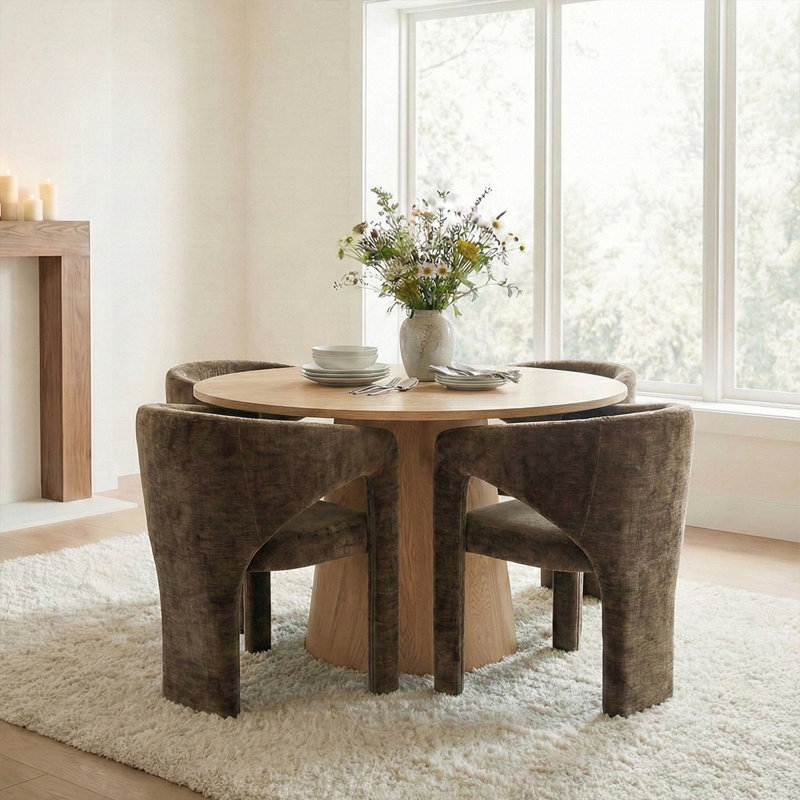 5-Piece Mid-Century Round Dining Set With Oak Finish Pedestal Table For 4, Brown