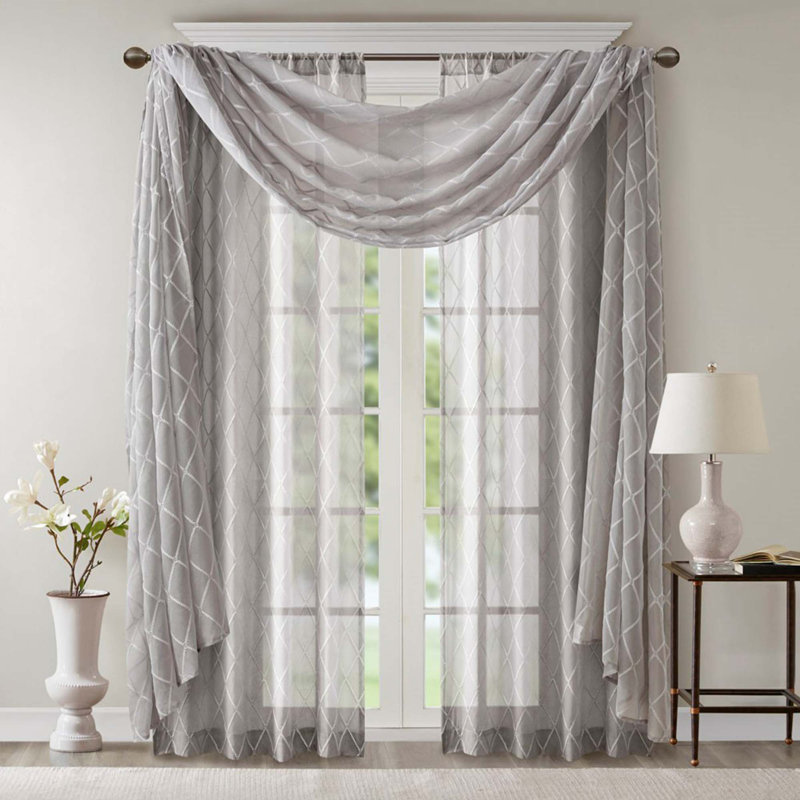 Diamond Sheer Embroidered Window Scarf, Grey, 50" W x 144" L