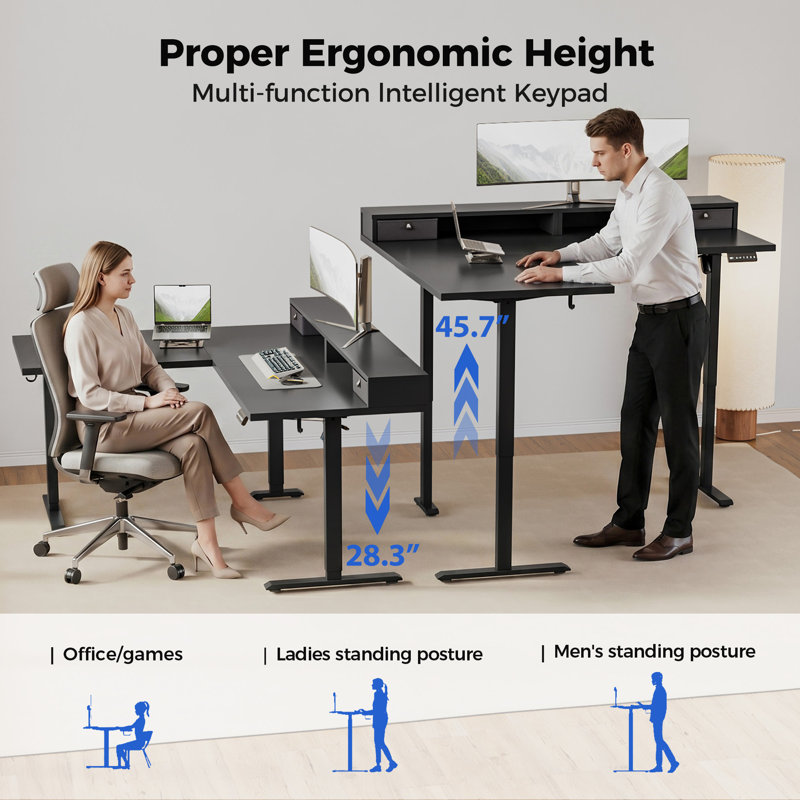 75 Inch L-Shaped Electric Height Adjustable Standing Desk with Drawers & Monitor Shelf, Ergonomic Corner Home Office Desk, with Hooks & Cable Management, Black