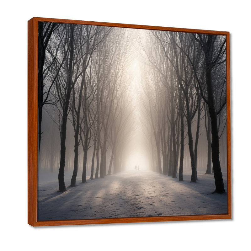 Misty Sunshine Foggy Forest Road - décoration murale arbre séquoia, Cadre flottant brun, bois massif, H 30 po x l 30 po