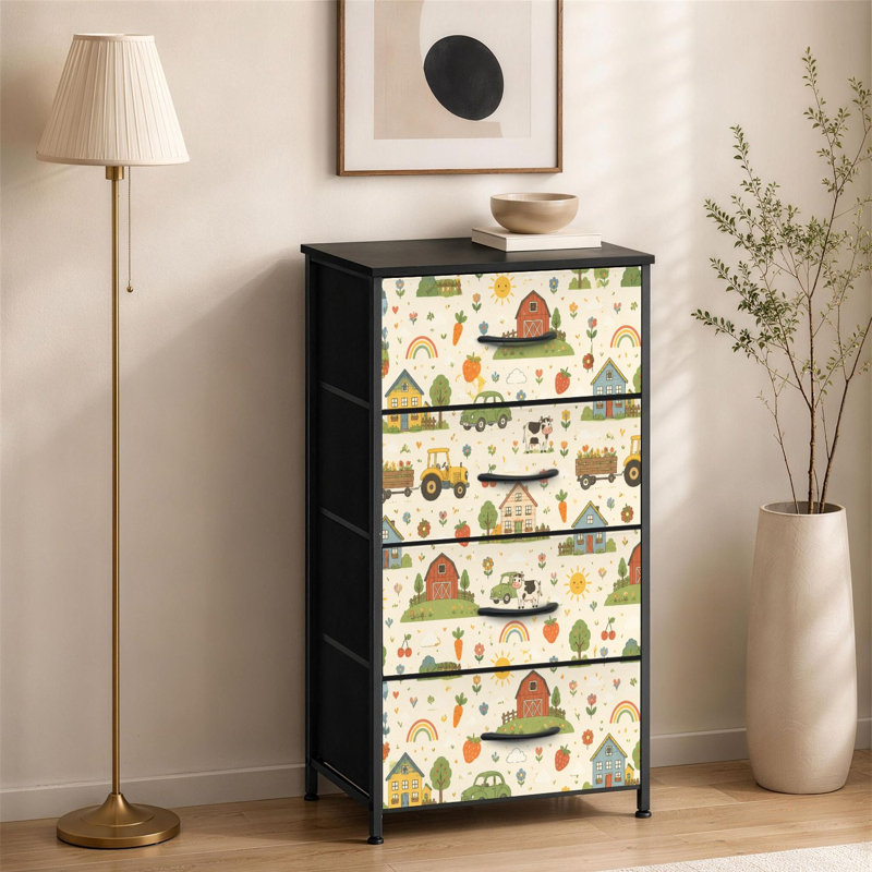 Commode à 4 tiroirs pour chambre à coucher colorée Scène de ferme animaux de grange Petite commode à vêtements pour commode avec commode