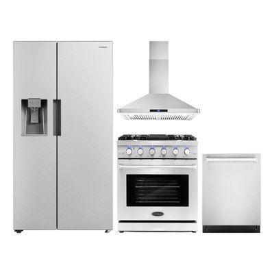 4 Piece Kitchen Package with Side by Side Refrigerator & 35.5" Dual Fuel Range