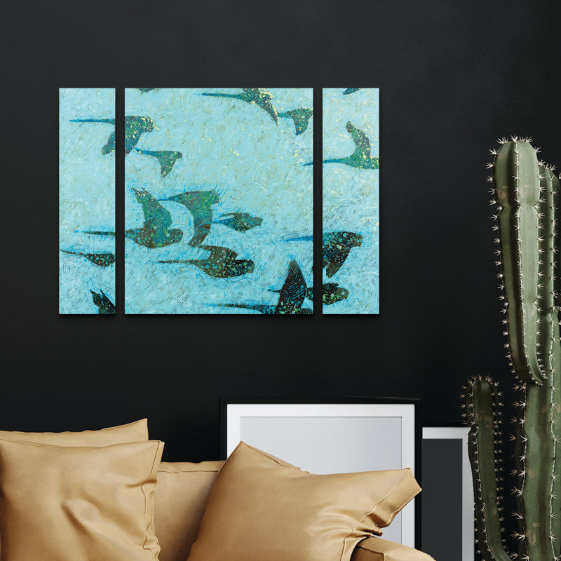 Ensemble de 3 panneaux - Shirley Novak «Gilded Flight Blue Green», art mural sur toile pour le salon, la chambre à coucher ou le bureau 