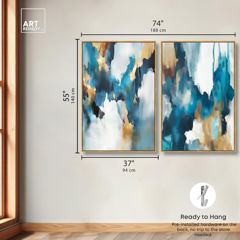 «Teal Tempest Set», reproduction d'art sur toile par Art Remedy, cadre doré, 36 x 54, 55" H x 37" W, Gold Frame