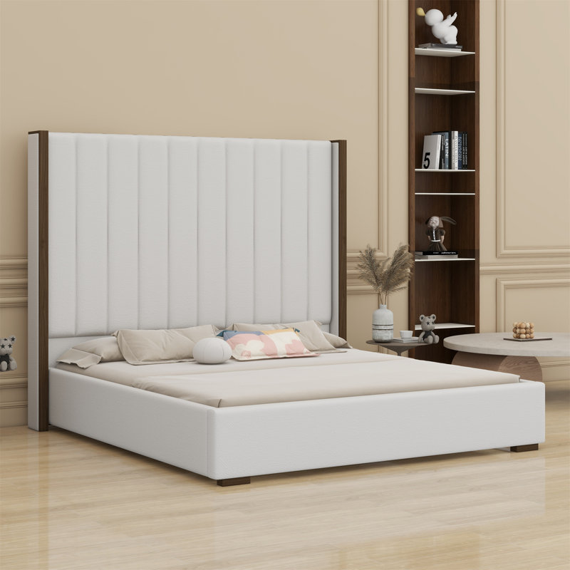 Tall Headboard Upholstered Bed With Vertical Striped And Wingback Design