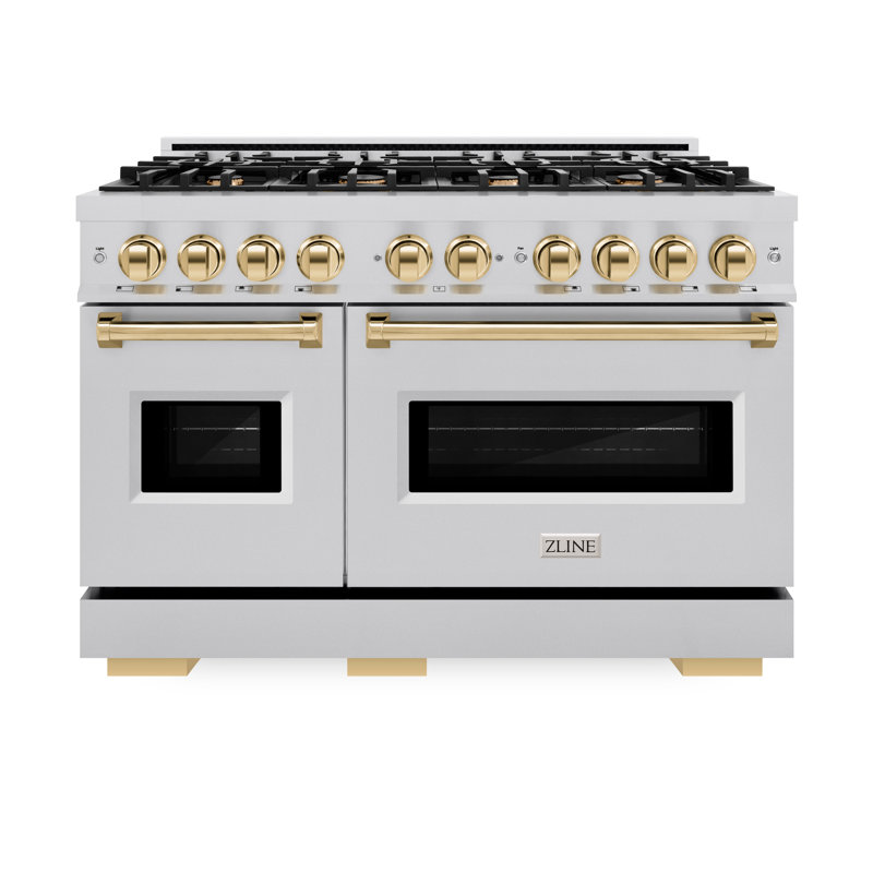 48" Stainless Steel and Gold Double Oven Gas Range with 8 Burners
