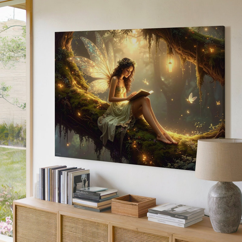"Firefly Forest Fairy", lecture d'art sur toile, "Spirit on Mossy Branch", H 20 po x l 30 po