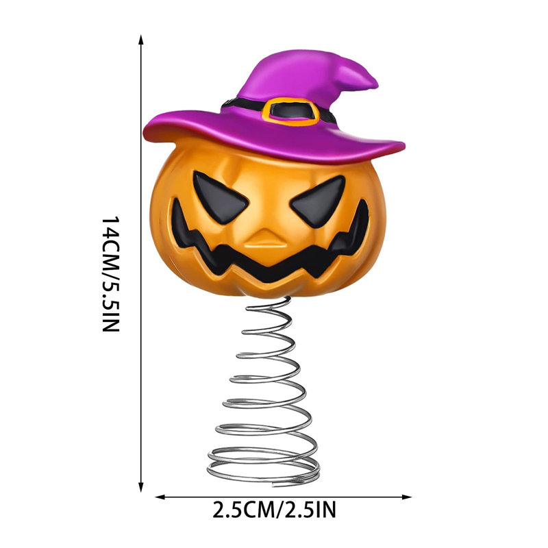Décoration d'Halloween : Citrouille d'Halloween, cimier de sapin avec chapeau de sorcière violet, lanternes à ressort, ornement de cimier de sapin effrayant, petit sapin de table, décoration de Noël