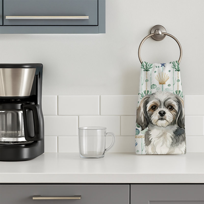 Serviette de cuisine blanche en verre de mer à épagneul tibétain blanc, Grey and White Tibetan Spaniel