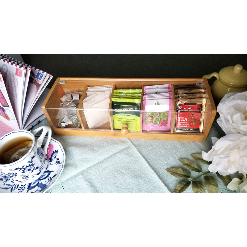 Natural Bamboo and Acrylic 5-Section Tea Box Organizer