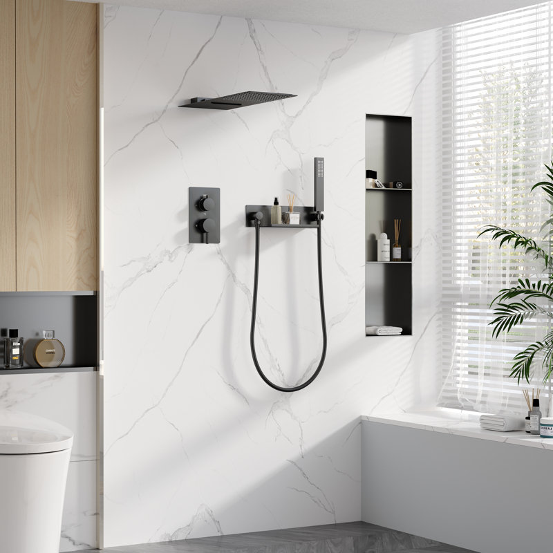 Système de douche à pluie avec douche à main et valve à pression équilibrée dissimulée, Noir mat