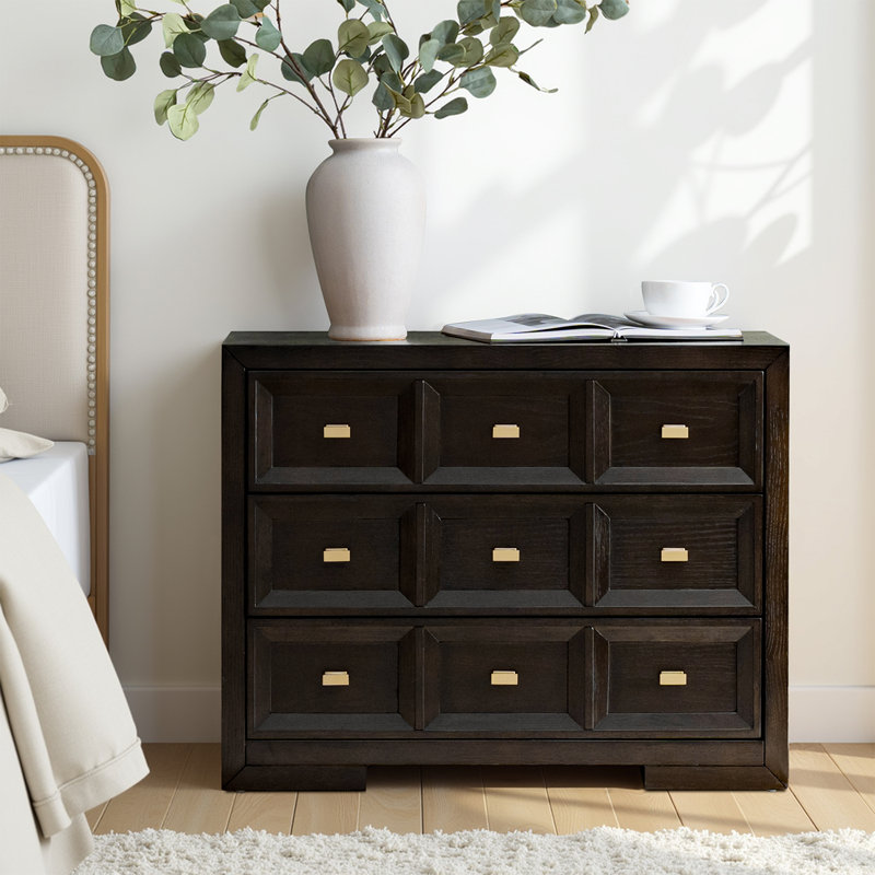 Royalwood Modern 32''W 3-Drawer Solid Wood Nightstand with Charging Station and Metal Knobs, Charcoal