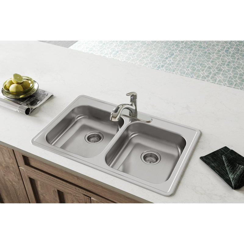Dayton 33" L x 21" W Double Basin Drop-In Kitchen Sink, 3 hole