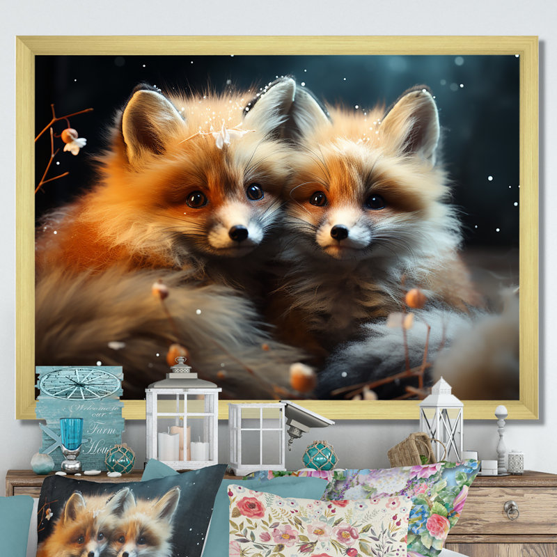 Printemps, renards mignons, regard II - renard, art mural animal, Cadre doré à coins fermés, H 24 po x l 32 po x P 1 po