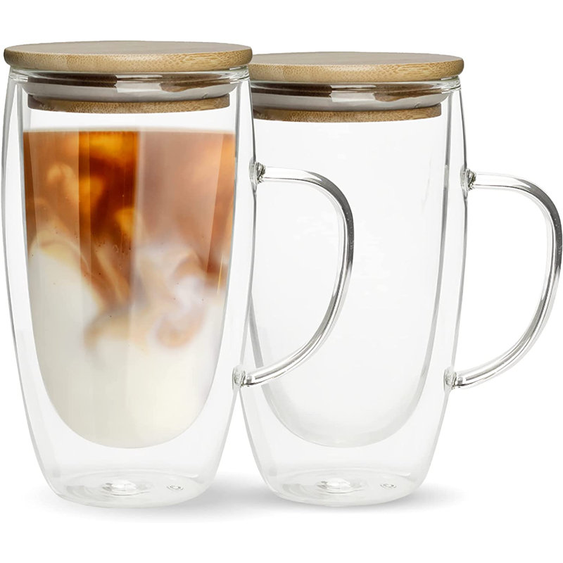 Ensemble de 4 tasses à café en verre avec couvercle en bambou et verre à double paroi