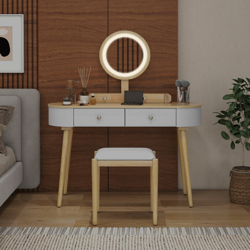 Ensemble de meuble-lavabo à miroir 4 tiroirs avec tabouret Kiree , Blanc/naturel