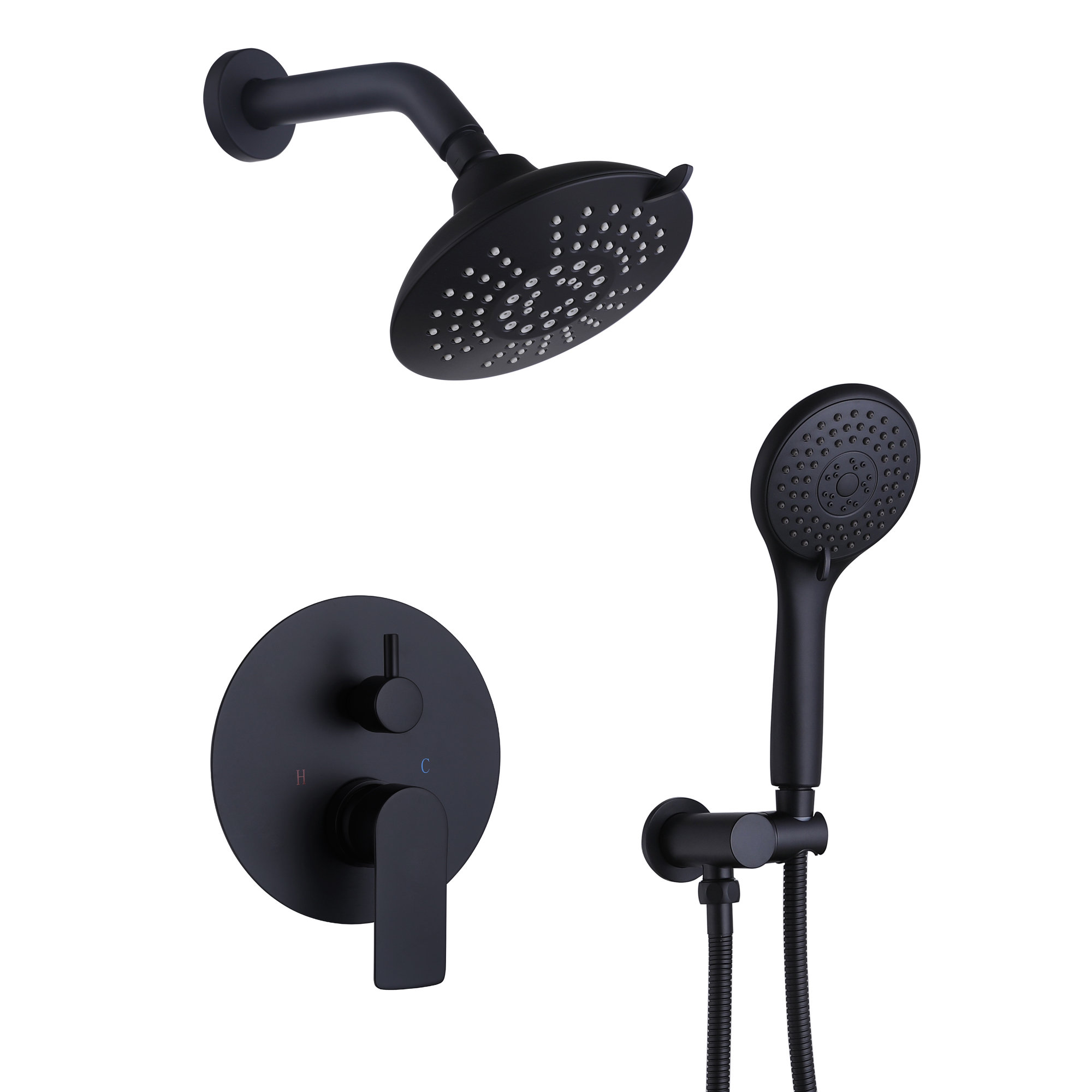 TapLong Duscharmatur Set TP038 – Mattschwarz, Mit Handbrause & Regenduschkopf, Inkl. Ventil, Für Badewanne/Dusche