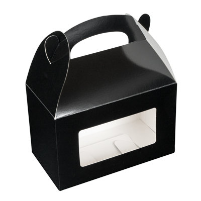 Restaurantware Gable Gift Boxes Pack of 100 Greaseproof Paper Treat Boxes 8.5 x 4.75 x 5.5 Inches With Window, Disposable Design Black Containers for Weddings or Birthdays