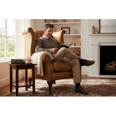 Upholstered Full Grain Leather Wingback Chair
