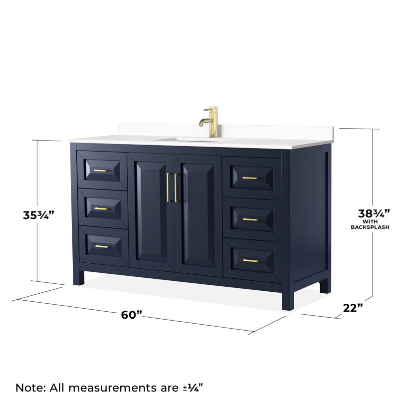 Daria 60'' W Single Vanity, White, White Cultured Marble, Brushed Gold