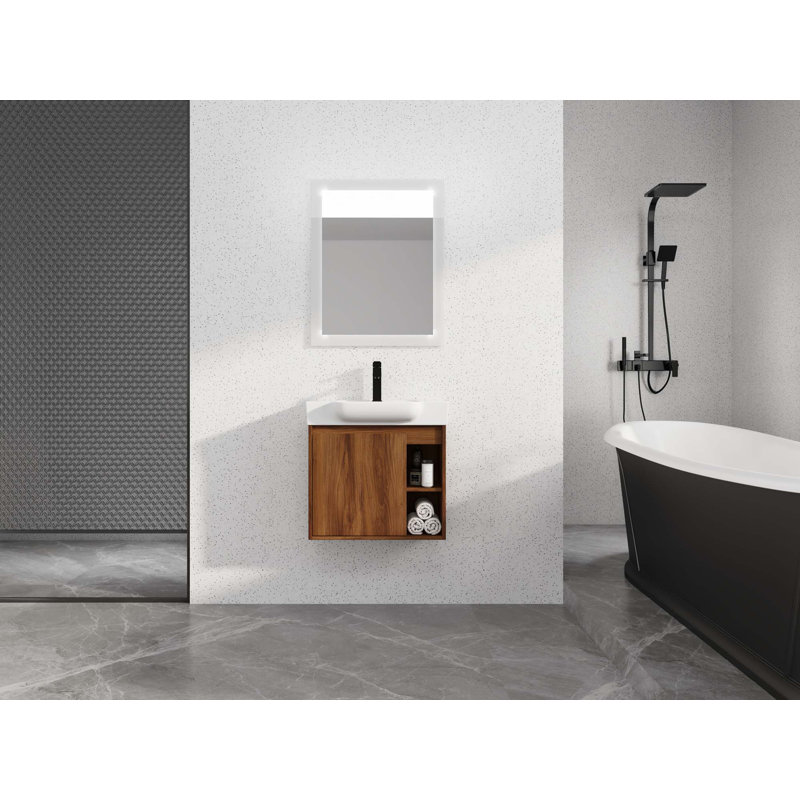 Wall-Mounted Bathroom Vanity With White Ceramic Sink & Soft-Close Door, 24"