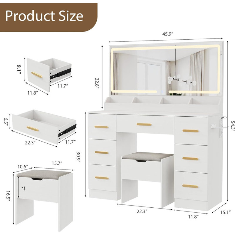 45.9" Makeup Vanity Desk with Large Mirror, 8 Drawers & Power Outlet, 3 Lighting Modes for Bedroom, White