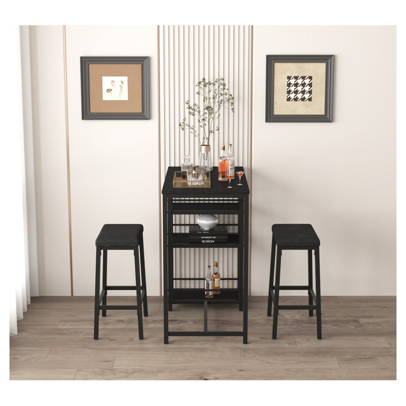 3-Piece Dining Table Set for Two with Storage Shelves, Includes Rectangular Table and 2 Square Stools in Black