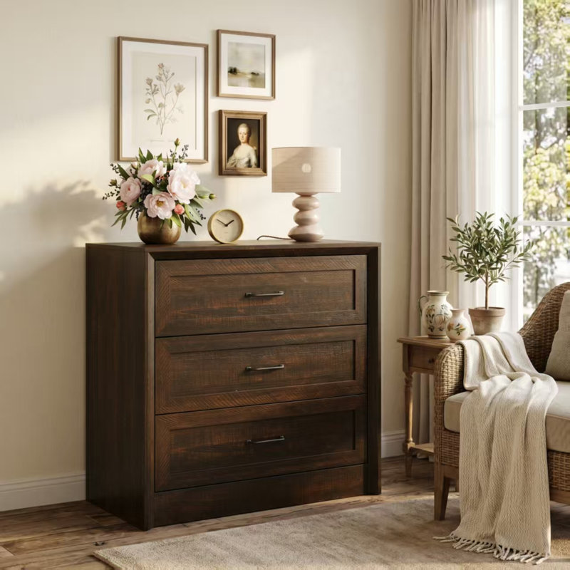 Commode 3 tiroirs avec anti-basculement, finition grain de bois, Brun