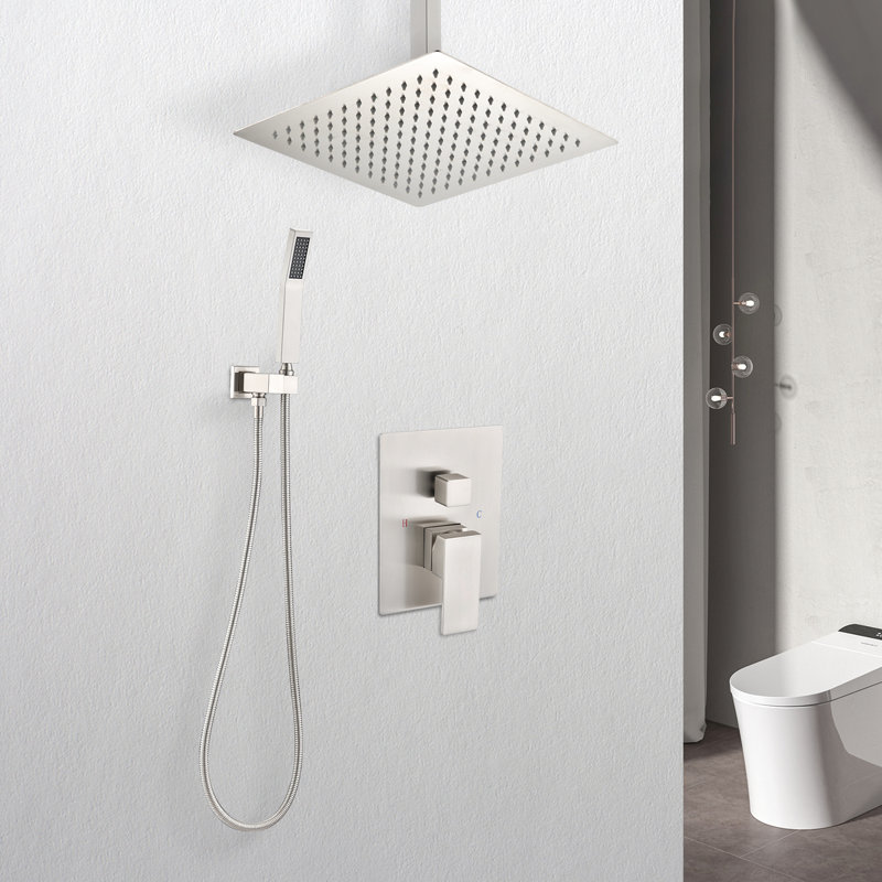 Ceiling Mounted Shower System In Brushed Nickel Style. 10" Head & Handheld. Natural Rainfall Simulation. Self-Cleaning Nozzle. For Bathroom. Brass. Mount Assembly Kit . Feeling. Bathroom . Brass
