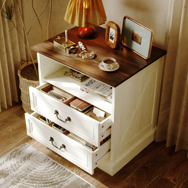Elegent Nightstand With Built-In Outlet, Beige