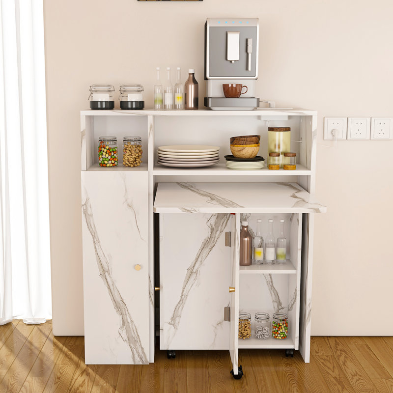 Multifunctional Extendable Folding Dining Table With Wheels, Movable Drop Leaf Dining Table With Wall-Mounted Sideboard & Storage, Space Saving Rectangle Collapsible Table For Small Apartments, Kitchen, Living Room, White