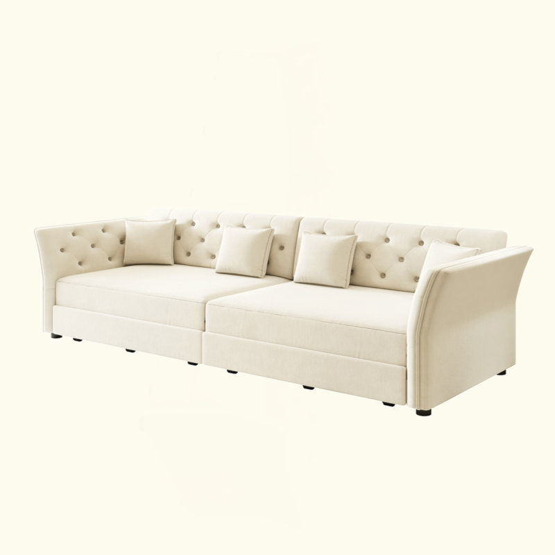 Oversize Pull Out Sofa Bed,  Convertible Sleeper Sofa With Handmade Fabric Flower Tufted Design,Multi-Functional Velvet Loveseat Bed For Living Room,Bedroom,Apartment