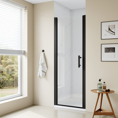 26- 27 9/16 po. H 68 po. Petite porte de douche pivotante semi-sans cadre avec verre trempé de 6 mm, noir mat