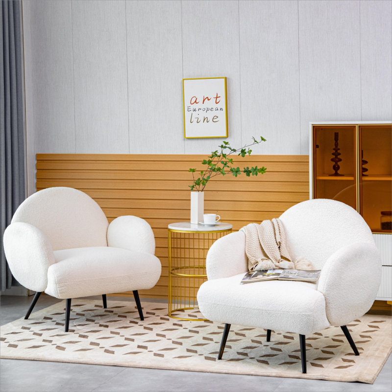 Fauteuil rembourré Ozpa Sherpa, Velours blanc, Noir