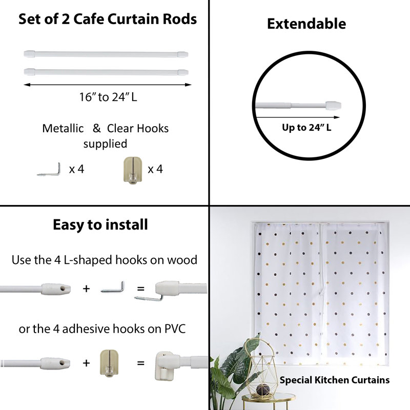 L5201BUN Aluminum Adjustable Double Curtain Rod, White, 16" – 24"