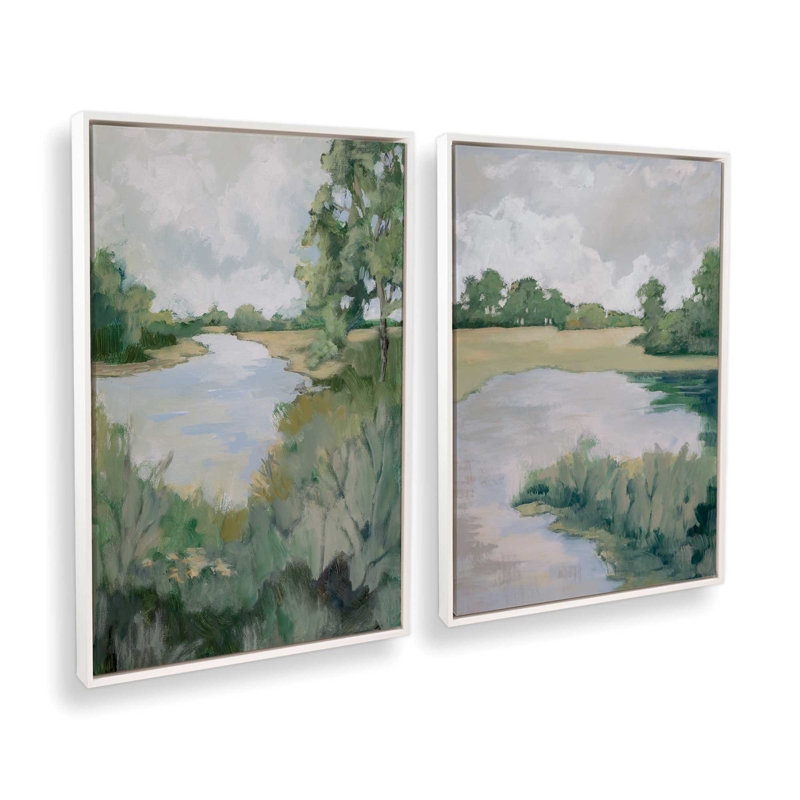 Ensemble de 2 impressions Peaceful Riverside View, Cadre flottant en chrome poli, H 31,5 po x l 43 po x P 1,75 po