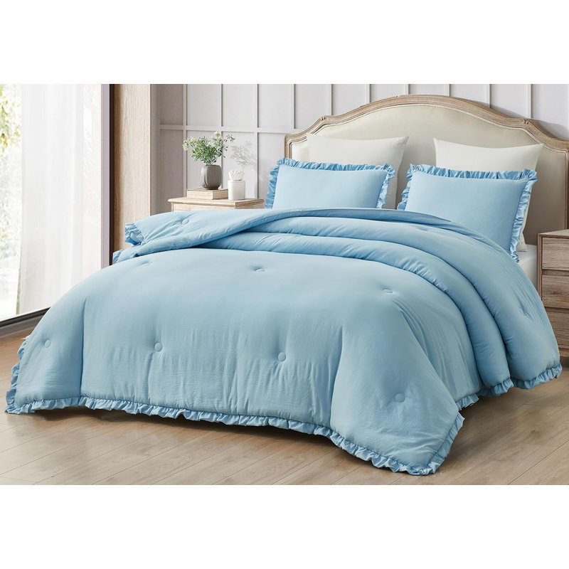 Nora Washed Microfiber Ruffled Comforter Set, Oversized King Comforter + 2 King Shams, Chambray