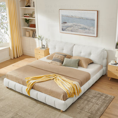 Style Bouclé Fabric Platform Bed, Soft Cloud-Like Upholstered Frame With Solid Wood Legs, No Box Spring Needed
