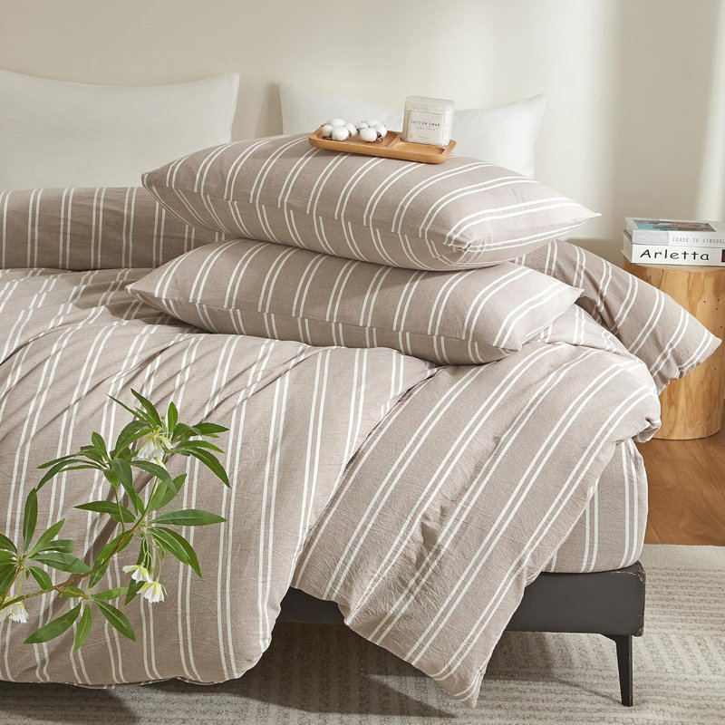 Ensemble de housse de couette à rayures XINMIANFANG, Brun / Blanc, Housse de couette grand et 2 taies d'oreiller stan