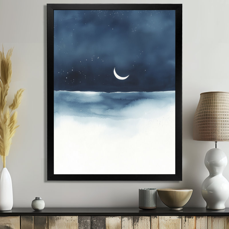 Horizon bleu, blanc et bleu nuit I - Tableau encadré Lune, H 44 po x l 34 po, Black Picture Framed