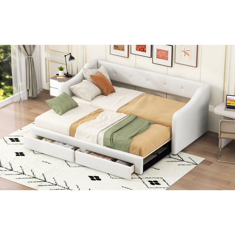 Twin Xl To King Size Beige Upholstered Daybed With Two Storage Drawers, Soft And , Wood Slats Support Expandable Optimal Back Arm Support, No Spring Box Needed