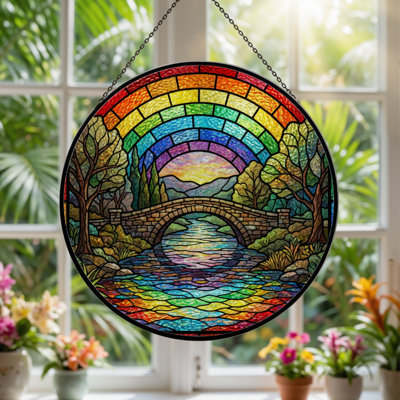12"H Rainbow Landscape Stained Glass Window Panel