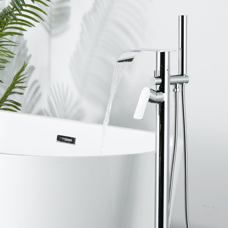 2-Handle Freestanding Tub Faucet With Hand Shower And Waterfall Spout In Brass, Polished Chrome